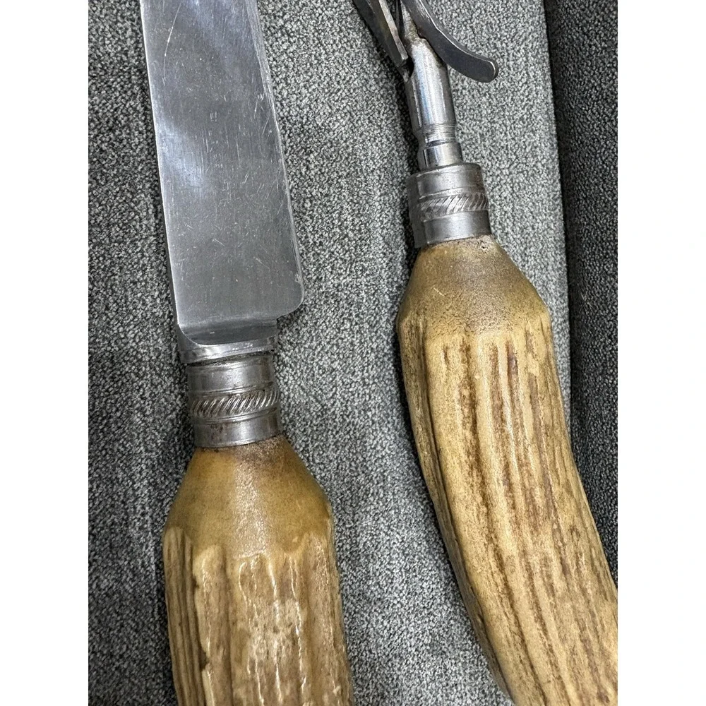 Vintage Everbrite Knife Company England Antlered Handled Meat‎ Carving Set